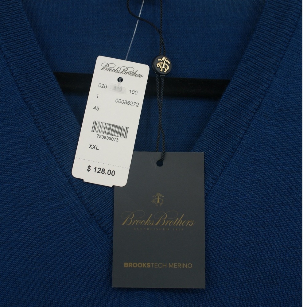 Brooks Brothers BrooksTech Merino V-Neck Sweater XXL Blue Washable Wool Italy - Picture 7 of 9